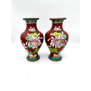Pair of Vintage Cloisonne Enamel Urn Vases Chrysanthemum Flower